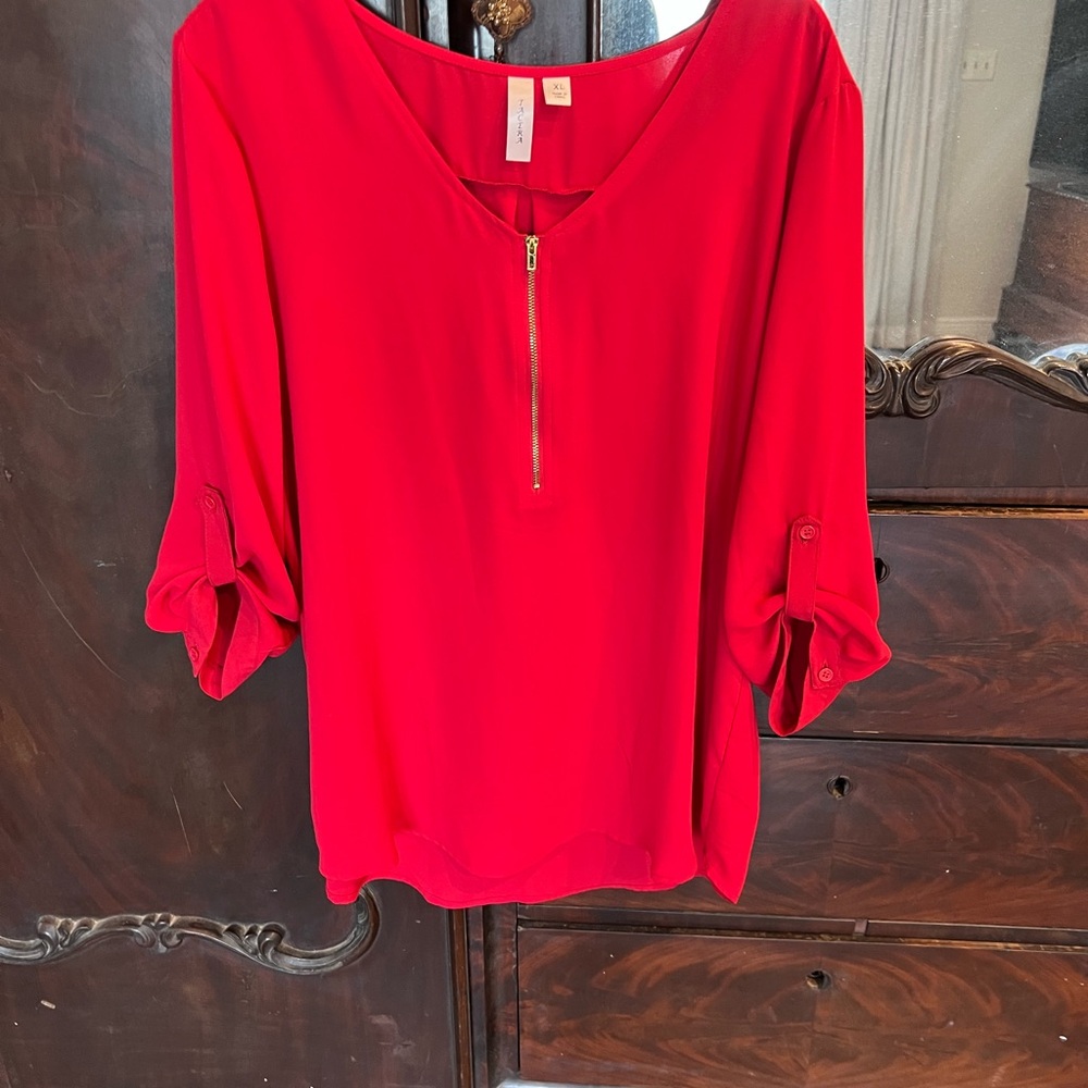 Tacera Red Zip-Front Women's Blouse